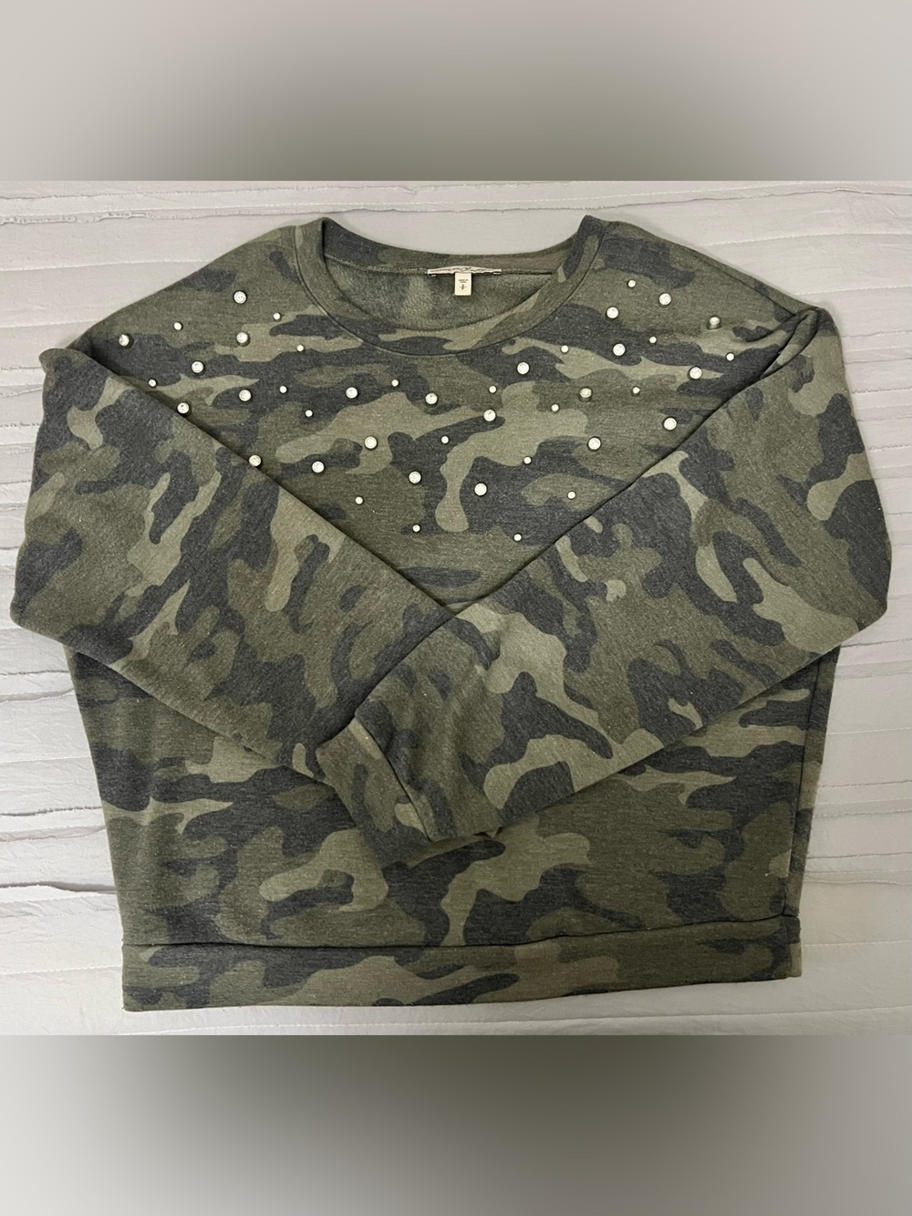 Express Olive Green Camouflage Crewneck Sweater with Stud Accents